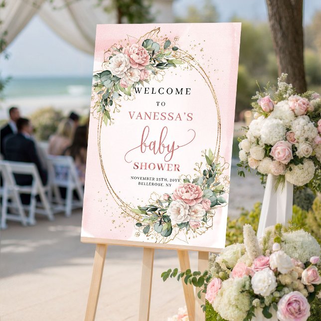 Poster Sinal de Boas-Vindas de Chuveiro de Bebê Floral Ro (Elegant Blush Pink Floral Baby Shower Welcome Sign)