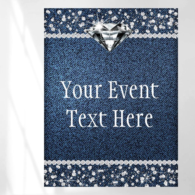 Poster Sinal de boas-vindas de Denim Diamond (Pretty denim and diamond event sign with beautiful diamonds and denim background. Add your text.)