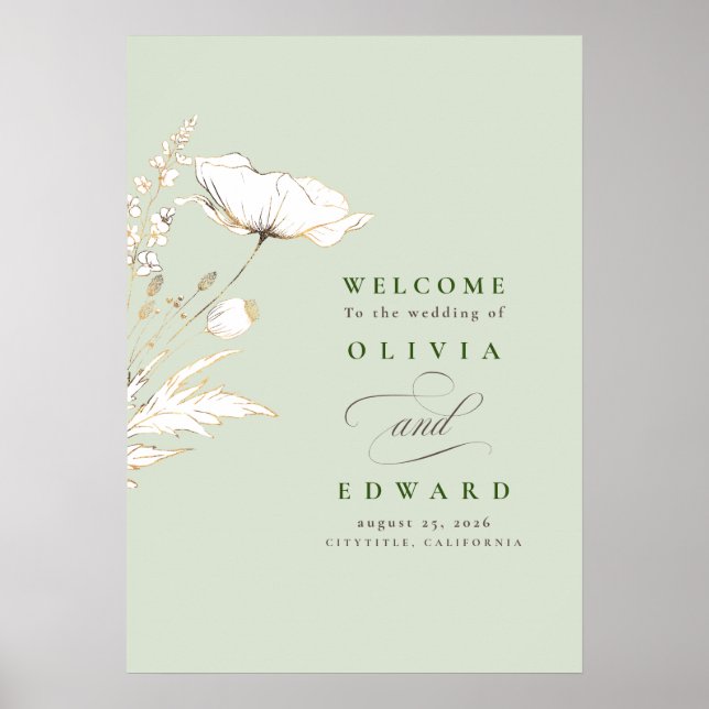 Poster Sinal de Boas-vindas de flores silvestres desenhad (Frente)