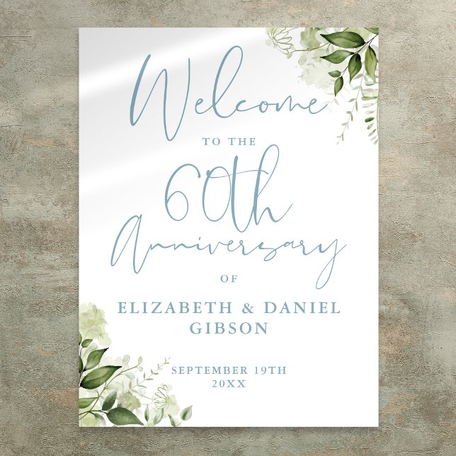 Poster Sinal de Boas-Vindas de Folhagem para 60º Aniversá (60th Wedding Anniversary Greenery Welcome Sign)