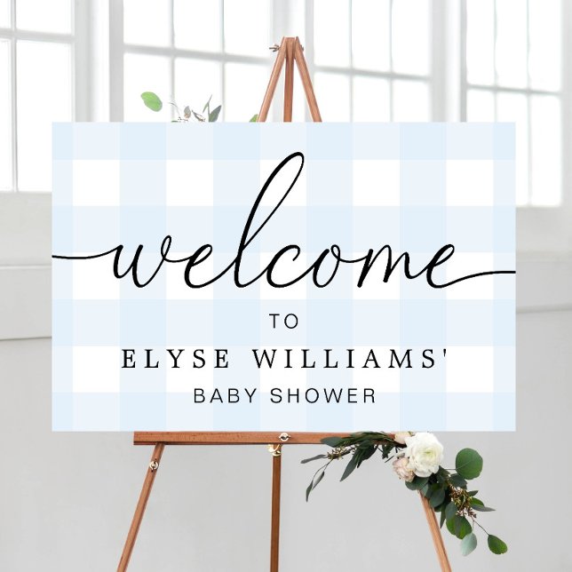 Poster Sinal de boas-vindas de Gingham azul (Welcome Sign Blue Gingham )