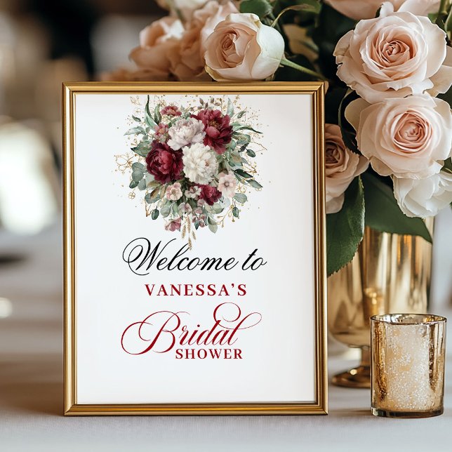 Poster Sinal de Boas-Vindas de Noivado Burgundy Blush Ele (Graceful Blush Burgundy Bridal Shower Welcome Poster)