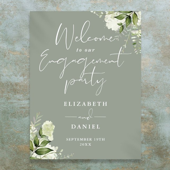 Poster Sinal de Boas-Vindas de Noivado Floral em Verde Sa (Floral Sage Green Engagement Party Welcome Sign)