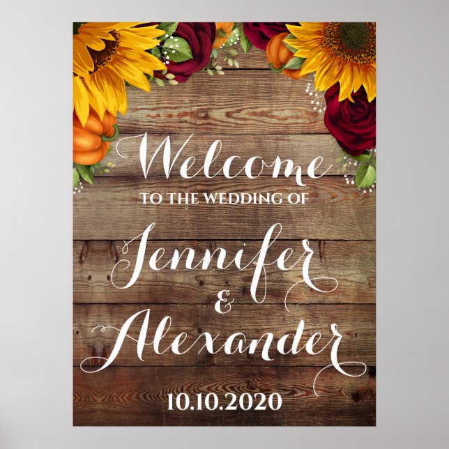 Poster Sinal de boas-vindas de Sunflower, Pumpkin e Rosas (Frente)