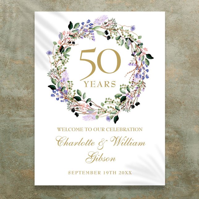 Poster Sinal de boas-vindas do 50º aniversário de casamen (Floral 50th Wedding Anniversary Welcome Sign)