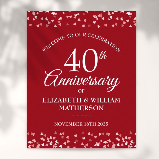 Poster Sinal de Boas-Vindas do Amor em Rubis do 40º Anive (40th Anniversary Ruby Love Hearts Welcome Sign)