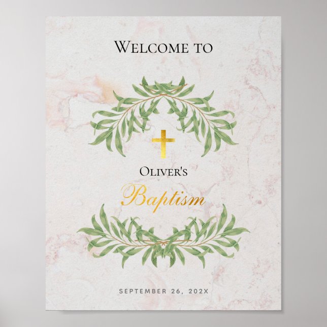 Poster Sinal de boas-vindas do Baptism Marble Foliage Fau (Frente)