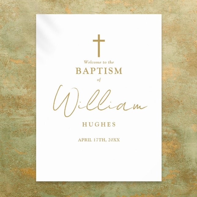 Poster Sinal de boas-vindas do Batismo Dourado Chic (Chic Gold Script Baptism Christening Welcome Sign)