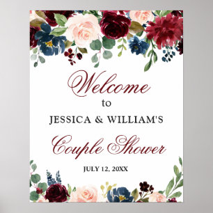 Poster Sinal de Boas-Vindas do Casal com Floral Burgundy