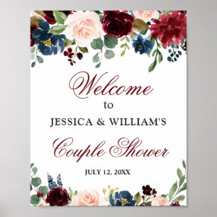 Poster Sinal de Boas-Vindas do Casal com Floral Burgundy 