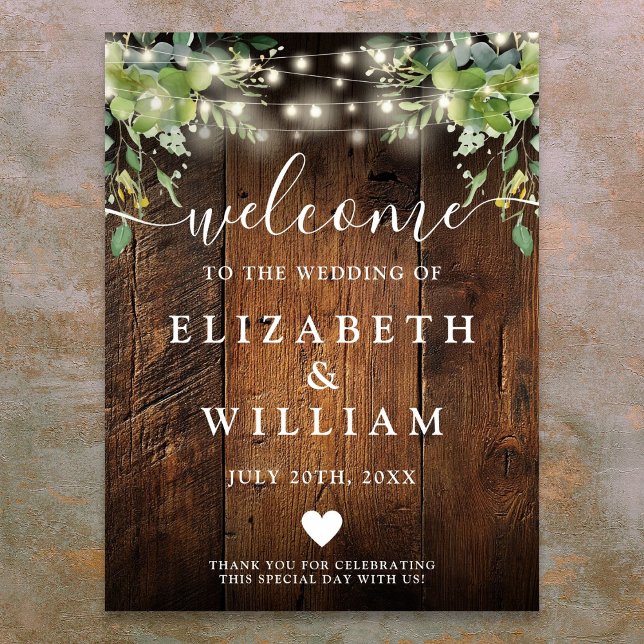 Poster Sinal de boas-vindas do casamento (Rustic Wood String Lights Wedding Welcome Sign)