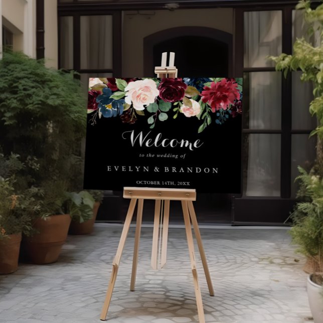 Poster Sinal de Boas-vindas do Casamento Botânico Negro R (Criador carregado)