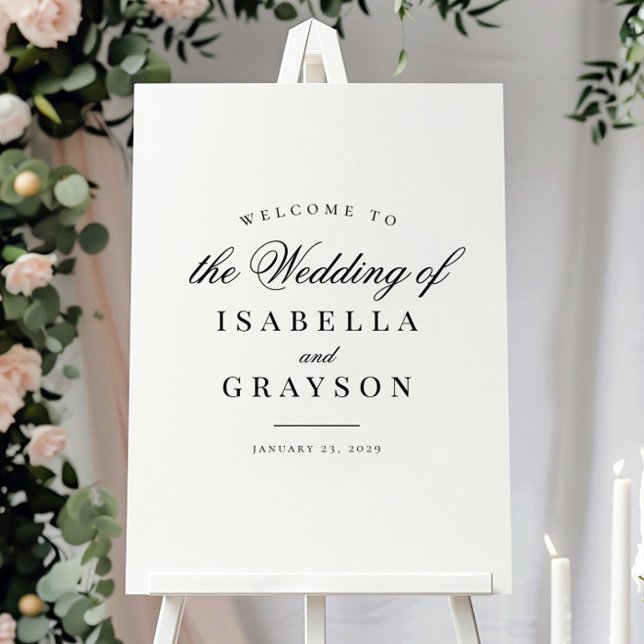 Poster Sinal de boas-vindas do Casamento Branco Chic Blac (Criador carregado)