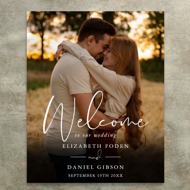 Poster Sinal de boas-vindas do casamento com fotos em scr (Elegant Script Photo Wedding Welcome Sign)