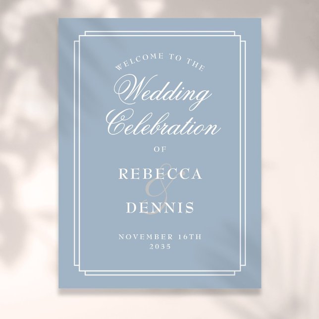 Poster Sinal de Boas-vindas do Casamento de Arte Azul Dus (Dusty Blue Art Deco Wedding Welcome Sign)