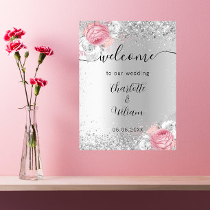 Poster Sinal de boas-vindas do casamento de flores rosa-p