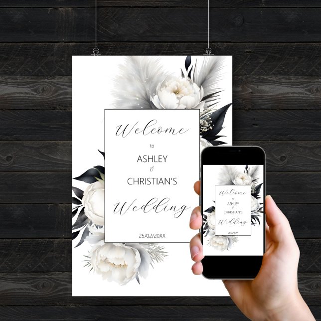 Poster Sinal de boas-vindas do casamento Elegante Black a (Elegant Black and white peonies boho editable template wedding welcome sign poster digital download)