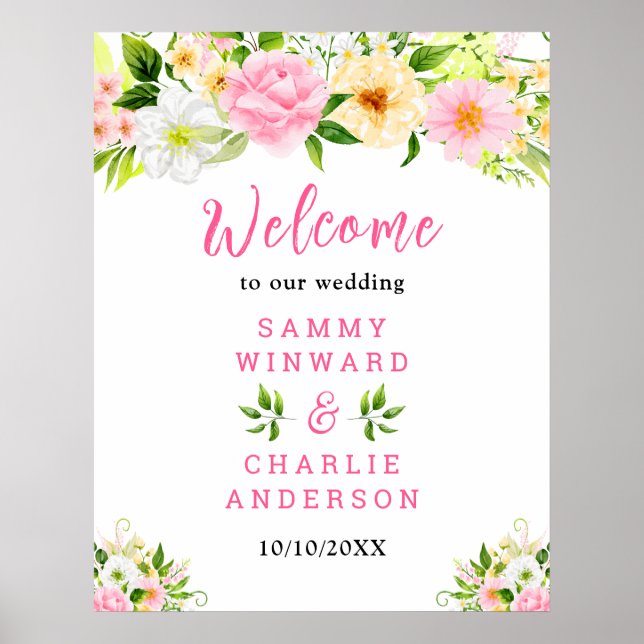 Poster Sinal de Boas-vindas do Casamento Floral Amarelo-R (Frente)
