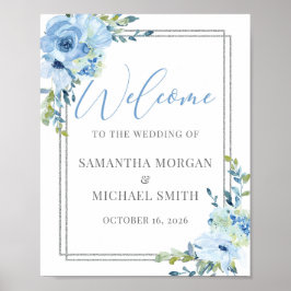 Poster Sinal de boas-vindas do casamento floral azul eleg