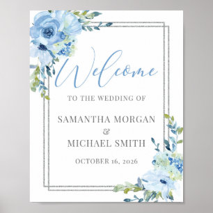 Poster Sinal de boas-vindas do casamento floral azul eleg