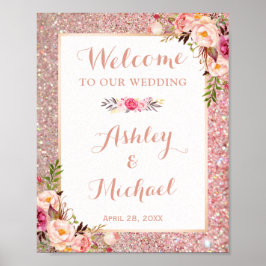 Poster Sinal de Boas-vindas do Casamento Floral com rosa