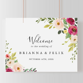 Poster Sinal de Boas-vindas do Casamento Floral, Cor-de-R