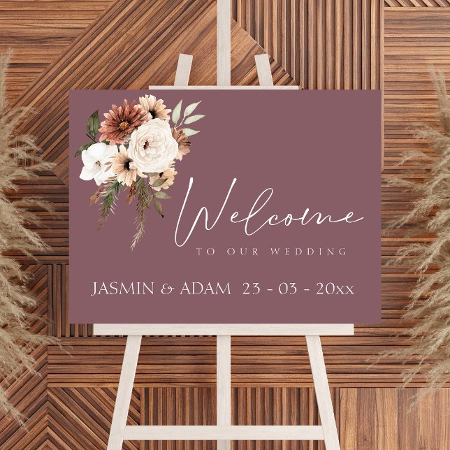 Poster Sinal de Boas-vindas do Casamento Floral de Pêsseg (Rustic Purple Peach Floral Wedding Welcome Sign)