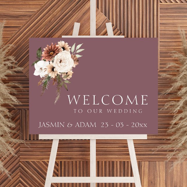 Poster Sinal de Boas-vindas do Casamento Floral de Pêsseg (Rustic Purple Peach Floral Wedding Welcome Sign)
