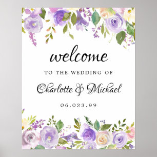 Poster Sinal de Boas-vindas do Casamento Floral de Púrpur