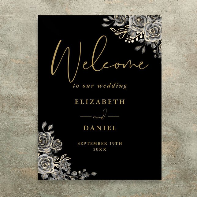Poster Sinal De Boas-Vindas Do Casamento Floral Dourado E (Gothic Black And Gold Floral Wedding Welcome Sign)