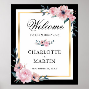 Poster Sinal de Boas-vindas do Casamento Floral Dourado P