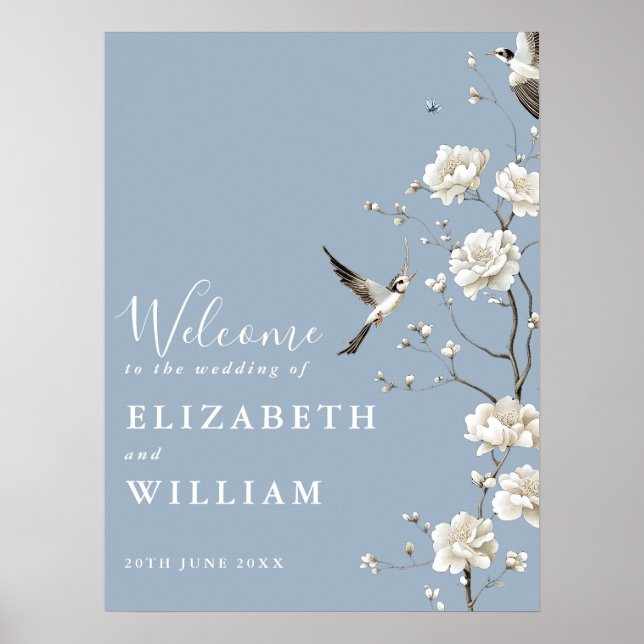 Poster Sinal de Boas-vindas do Casamento Floral Dusty Blu (Frente)