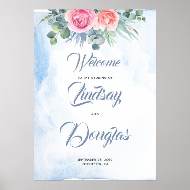 Poster Sinal de Boas-vindas do Casamento Floral Dusty Blu (Frente)