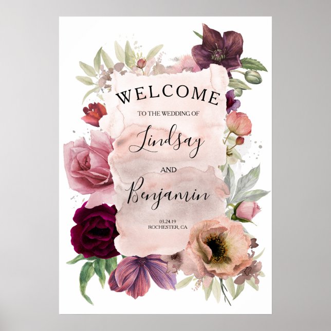 Poster Sinal de Boas-vindas do Casamento Floral Dusty Ros (Frente)