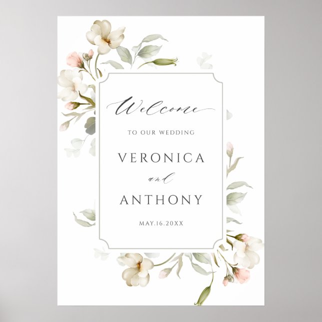 Poster Sinal de Boas-vindas do Casamento Floral Elegante  (Frente)