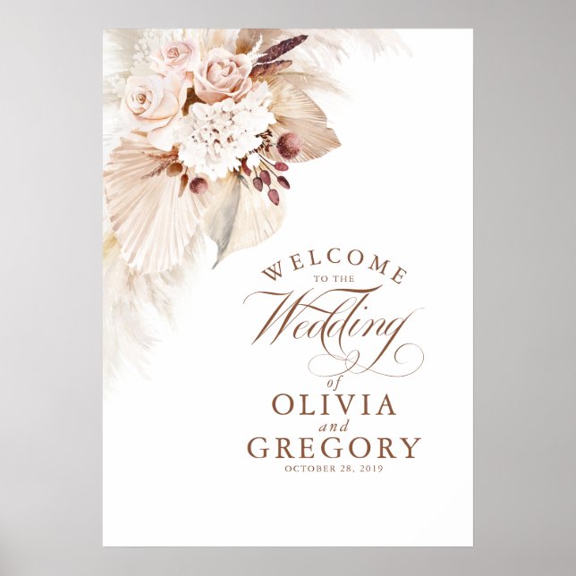 Poster Sinal de Boas-vindas do Casamento Floral Pampas Gr (Frente)