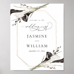 Poster Sinal de Boas-vindas do Casamento Floral Preto e B