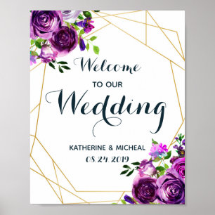 Poster Sinal de boas-vindas do Casamento Floral Purple