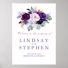 Pôster Sinal de boas-vindas do Casamento Floral Purple