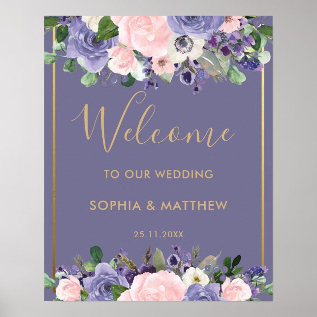 Poster Sinal de boas-vindas do Casamento Floral Purple da (Frente)