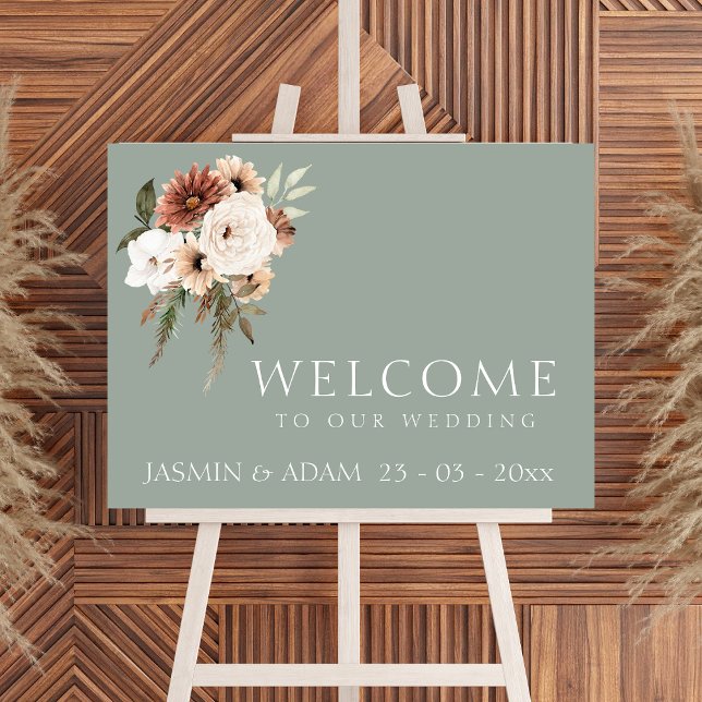 Poster Sinal de Boas-vindas do Casamento Floral Russo Pea (Rustic Green Peach Floral Wedding Welcome Sign)