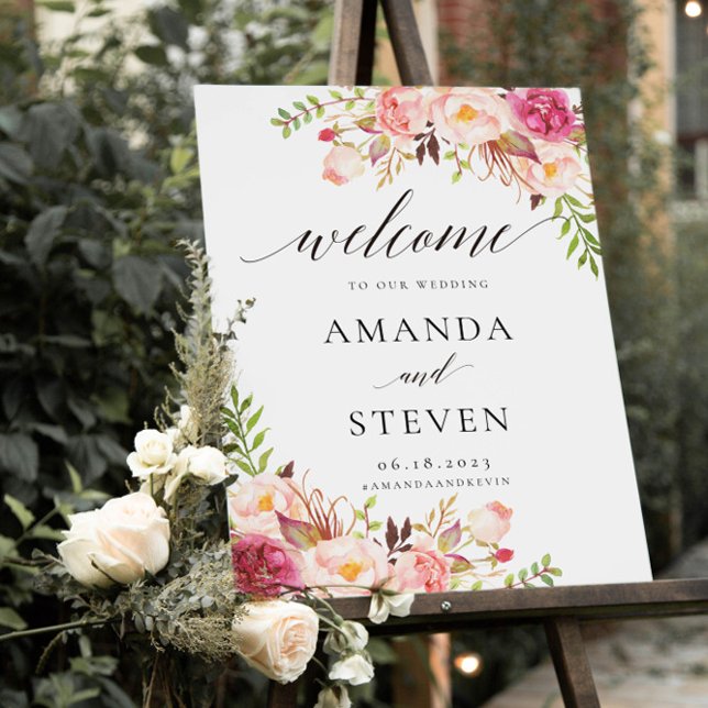 Poster Sinal de Boas-vindas do Casamento Floral Rustic Pe (Criador carregado)