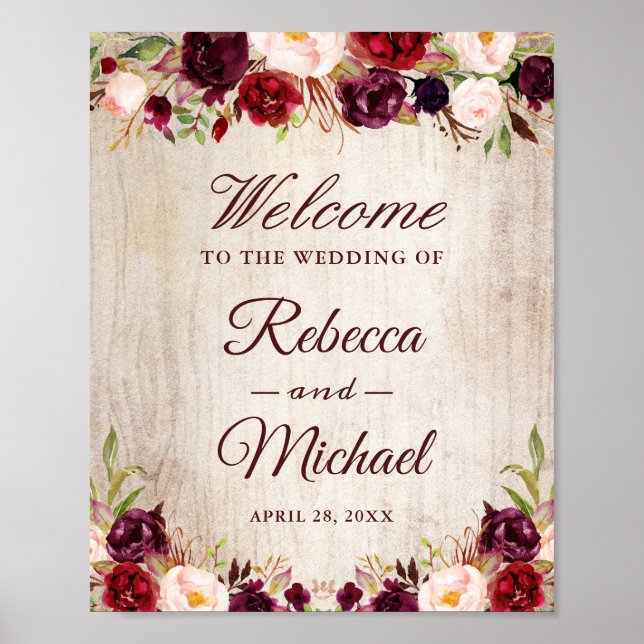 Poster Sinal de boas-vindas do Casamento Floral Rustic Wo (Frente)