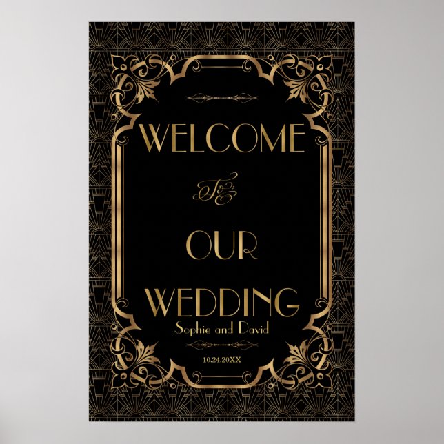Poster Sinal de Boas-vindas do Casamento Negro Dourado Ga (Frente)