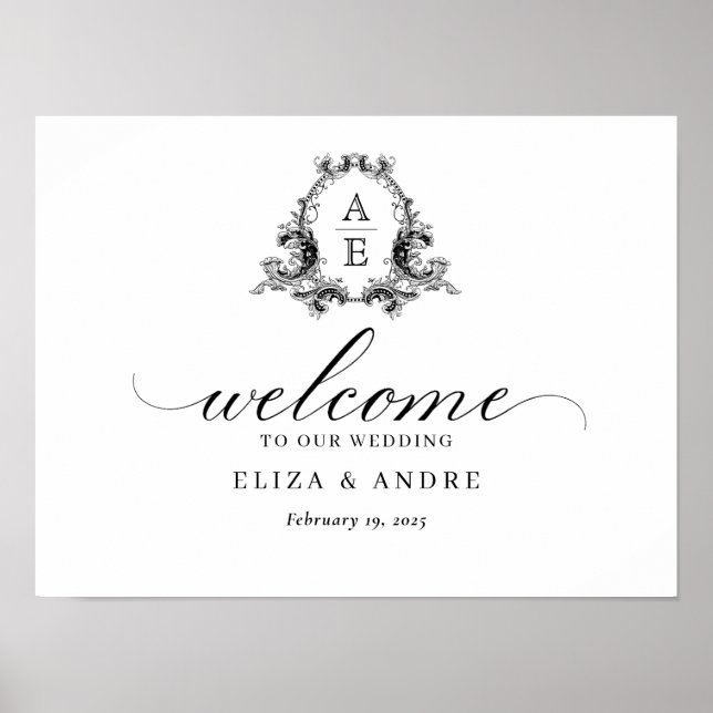 Poster Sinal de boas-vindas do Casamento Negro e Branco d (Frente)