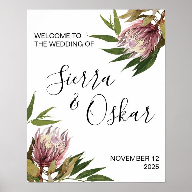 Poster Sinal de Boas-vindas do Casamento Protea Greenery (Frente)