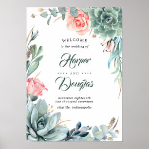 Poster Sinal de Boas-vindas do Casamento Rosa Blush com V