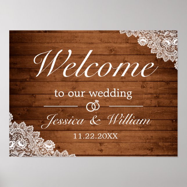 Poster Sinal de Boas-vindas do Casamento Rustic Wood & Wh (Frente)