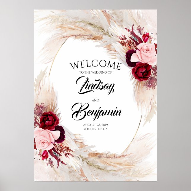 Poster Sinal de Boas-Vindas do Casamento Vermelho Pampas  (Frente)