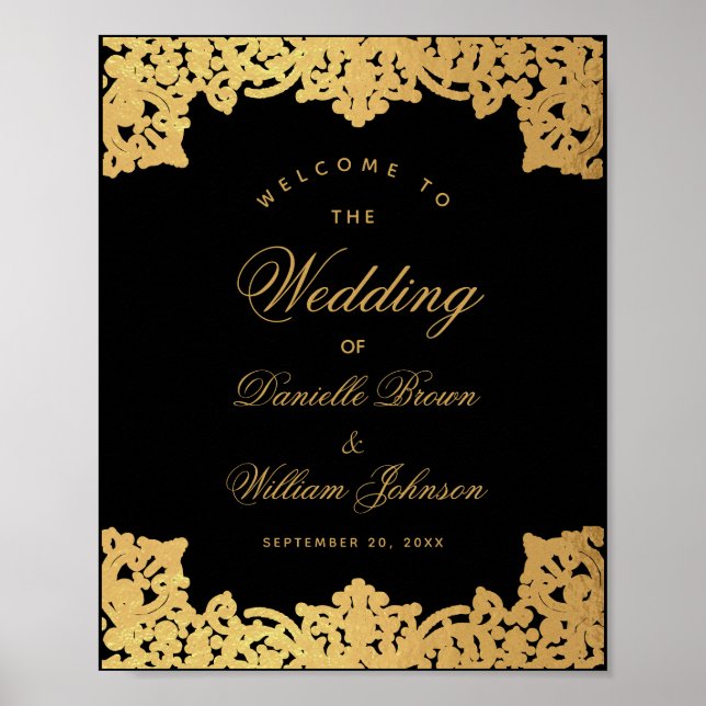 Poster Sinal de boas-vindas do Casamento vintage preto e  (Frente)